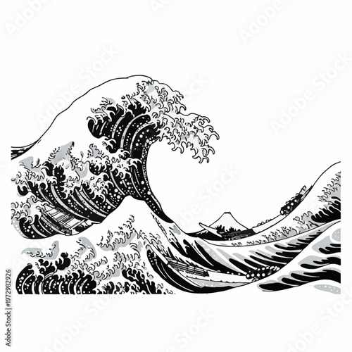 Monochrome illustration in traditional Japanese ukiyo-e style depicting a large ocean wave with white foam, featuring Mount Fuji in the background and boats navigating the sea.