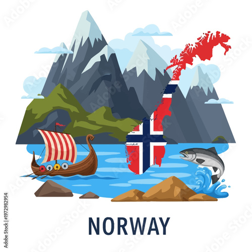 Norway travel vector illustration featuring a Viking longship with striped sail, the map of Norway with national flag, a jumping salmon fish, and snowy mountain fjord scenery landscape.