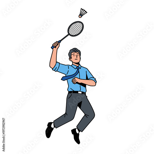 Businessman playing badminton, jumping and hitting shuttlecock with racket, office worker leisure activity
