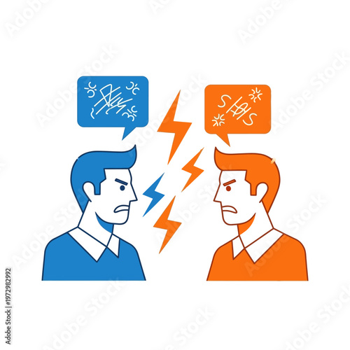 Conflict and disagreement between two men, represented by angry faces and speech bubbles.