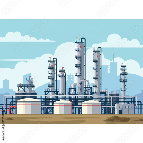 Flat vector illustration of an industrial oil refinery with chemical distillation columns, gas storage tanks, and intricate pipeline systems against a cloudy sky background.