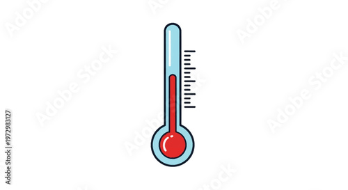 Vector illustration of a vertical thermometer featuring a high red liquid level indicating heat, including a black graduated scale and light blue glass casing, isolated on white background.