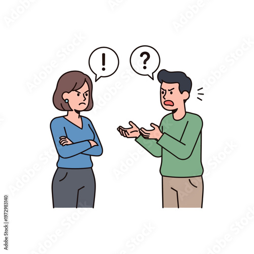 Couple Arguing with Exclamation and Question Marks Above Heads