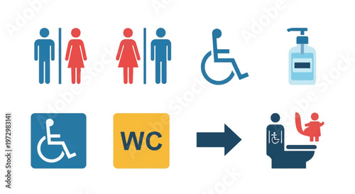 Comprehensive vector icon set for public restrooms featuring male and female symbols, handicap accessibility signs, a yellow WC sign, hand sanitizer bottle, and directional navigation arrow.