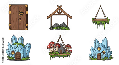 Set of fantasy game assets featuring blue crystal houses, wooden doors, rustic timber roof frames, hanging mossy platforms, and red toadstools isolated on a white background.