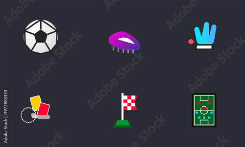 Hand-drawn collection of professional soccer icons including ball cleats gloves referee cards corner flag pitch sport authentic illustration