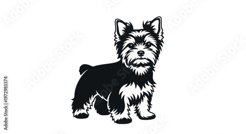 Black and white Yorkshire Terrier dog illustration, stylized vector graphic of a standing Yorkie puppy with shaggy fur, minimalist canine pet art isolated on white background.