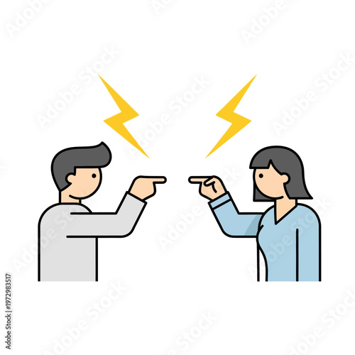 Couple arguing, pointing fingers, conflict, dispute, disagreement, lightning bolts, communication breakdown