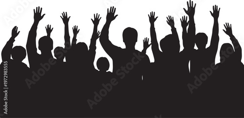 Black silhouettes of people with raised hands crowd