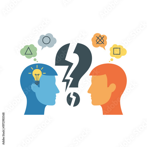 Communication breakdown, idea and question marks between two heads, concept of misunderstanding or problem solving