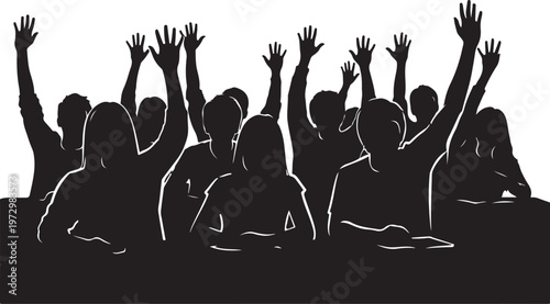Black silhouettes of people with raised hands white background