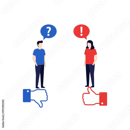 Disagreement vs Agreement: Two people with opposing opinions and feedback symbols, illustration.