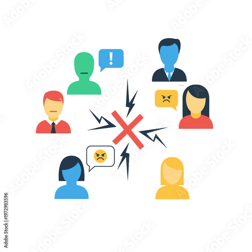 Conflict and disagreement among people, communication breakdown, negative emotions, argument
