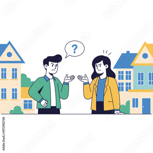 Confused couple arguing about house purchase, neighborhood dispute, real estate confusion