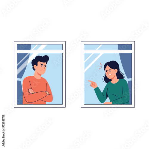 Couple arguing through windows, social distancing, relationship conflict, communication breakdown