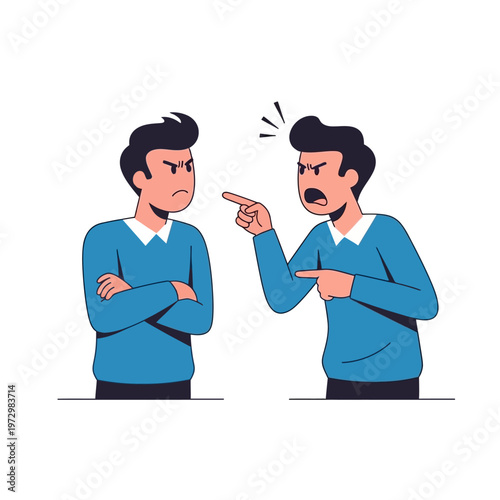 Two angry men arguing and pointing fingers, conflict, disagreement, dispute, illustration