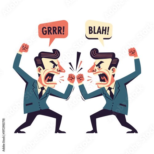 Two angry businessmen arguing, clashing fists, shouting "GRRR!" and "BLAH!"