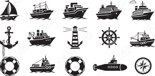 Nautical icons and ships on white background vector graphics set