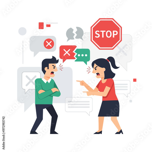 Couple Arguing, Conflict, Communication Breakdown, Stop Sign, Relationship Problems