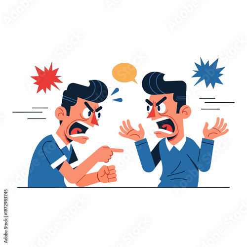 Two angry men arguing, pointing fingers, shouting, conflict, disagreement, cartoon illustration