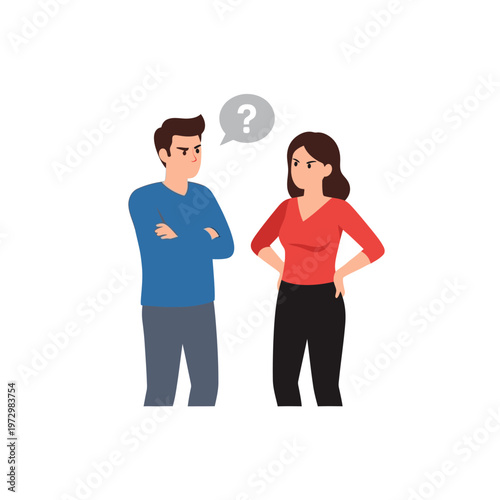 Couple arguing, confused man and woman with question mark symbol, communication problem