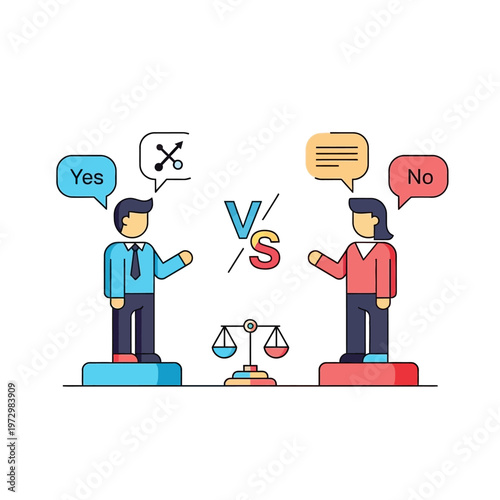 Debate and disagreement illustration: people with opposing views, yes vs no, scales of justice