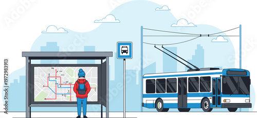 Urban public transport vector illustration with trolleybus electric bus at stop and person looking at city transit map