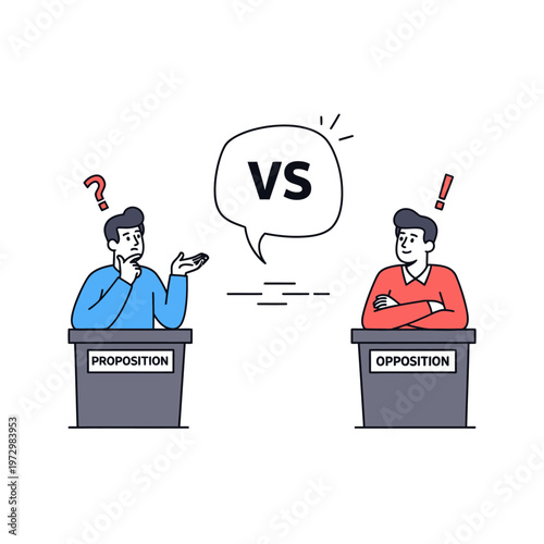 Debate Concept: Proposition vs Opposition, Two Men Arguing with Question and Exclamation Marks