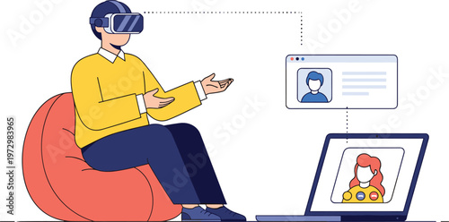 Man wearing virtual reality headset sitting in bean bag chair for online meeting and remote metaverse communication vector illustration