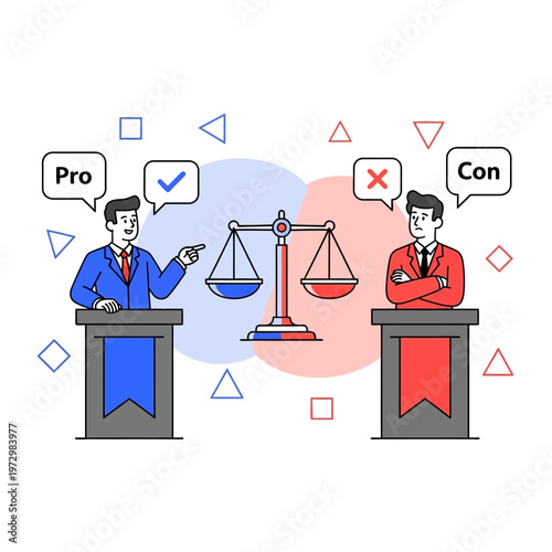 Debate Pros and Cons: Two men arguing with scales of justice, decision making concept