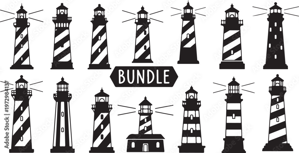 Obraz premium Collection of various lighthouse silhouettes in black and white