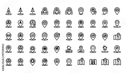 Map pin line icon set with location navigation GPS and destination symbols minimal vector collection