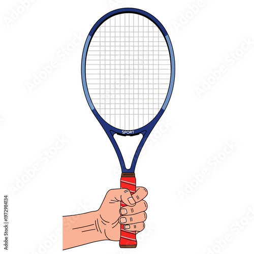 Hand holding a tennis racket, ready to play a game of tennis, isolated on white background