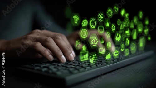 Typing on Keyboard with Glowing Green Digital Icons Emerging.