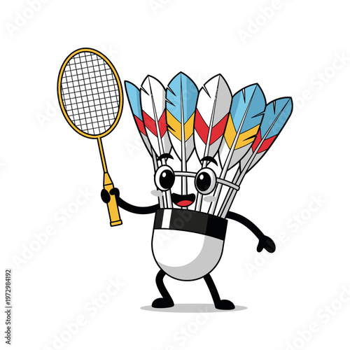Happy Badminton Shuttlecock Character with Racket, Cartoon