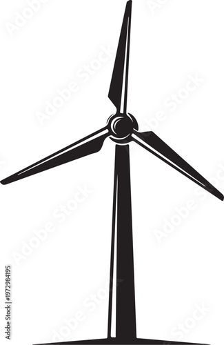Black wind turbine with three blades on white background