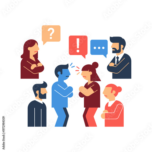 Diverse people in conflict, communication breakdown, disagreement, debate, argument