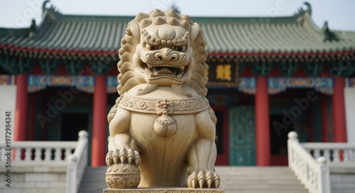 Majestic Stone Guardian Lion Statue Stands Guard at Temple Entrance.