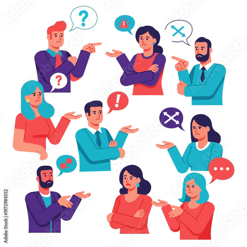 Diverse people confused and arguing with question marks and exclamations in speech bubbles