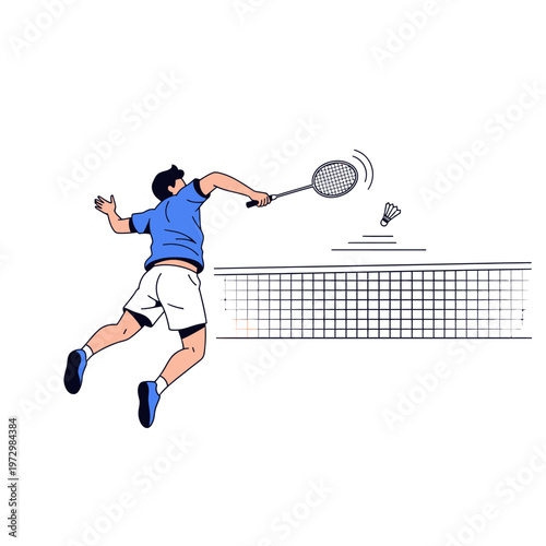 Man playing badminton, jumping to hit shuttlecock over net, energetic sport illustration