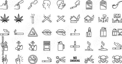 Comprehensive smoking and vaping line icon set featuring cigarettes tobacco products health warnings no smoking signs and nicotine accessories
