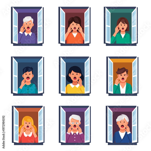 Diverse people in windows shouting, complaining, expressing anger, frustration