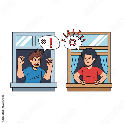 Neighbors arguing from apartment windows, conflict and anger