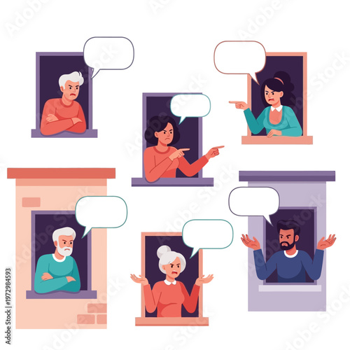 Neighbors arguing from apartment windows, conflict and communication breakdown concept