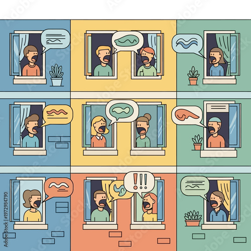 Neighbors Communicating Through Windows, Dialogue Bubbles, Community Interaction