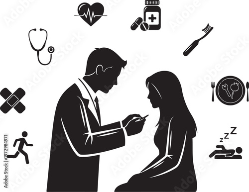 Doctor giving pill to woman surrounded by health stethoscope