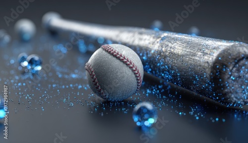 Close-up of a baseball and bat with glowing blue particles.