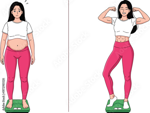 Weight loss transformation vector illustration of a woman before and after fitness journey showing fat loss and muscle gain
