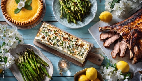Elegant Spring Feast Featuring Roasted Meat Asparagus Tart and Lemon Pie.
