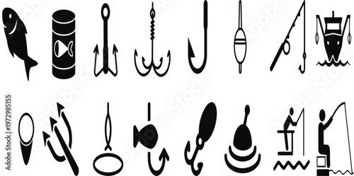 Fishing icons set with black silhouettes of hooks, rods and fish. Professional angling equipment collection. Vector graphics for outdoor sports and hobby design.